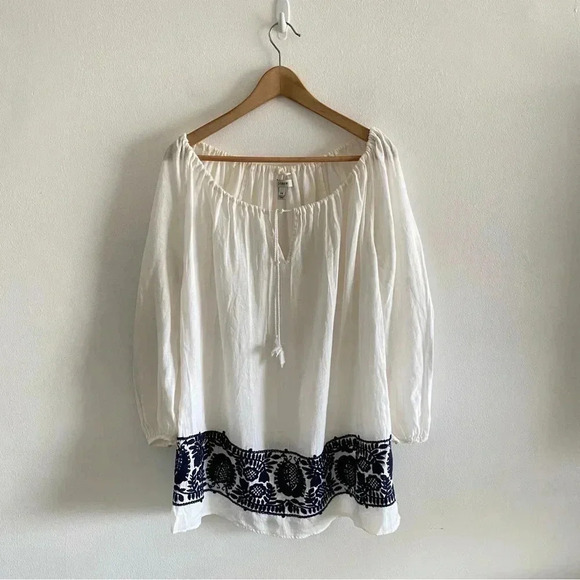 J.CREW Kaftan Blue Embroidered Linen Dress Beach Cover Up Size XXS Long Sleeve - Picture 1 of 9